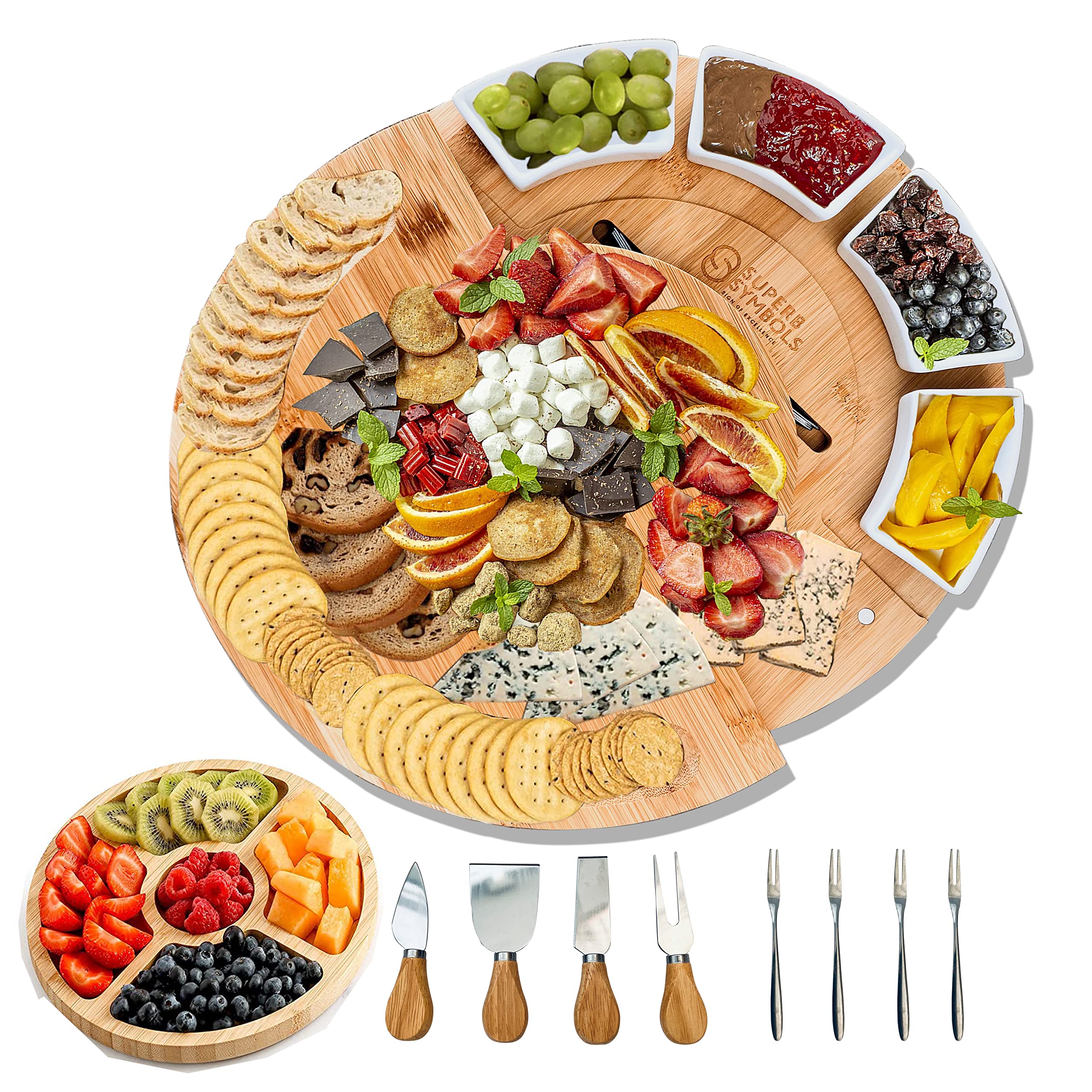 Superb Symbols Bamboo Cheese Board and Knife Set; Round Charcuterie Boards Set With Fruit Plate & Cheese Plater