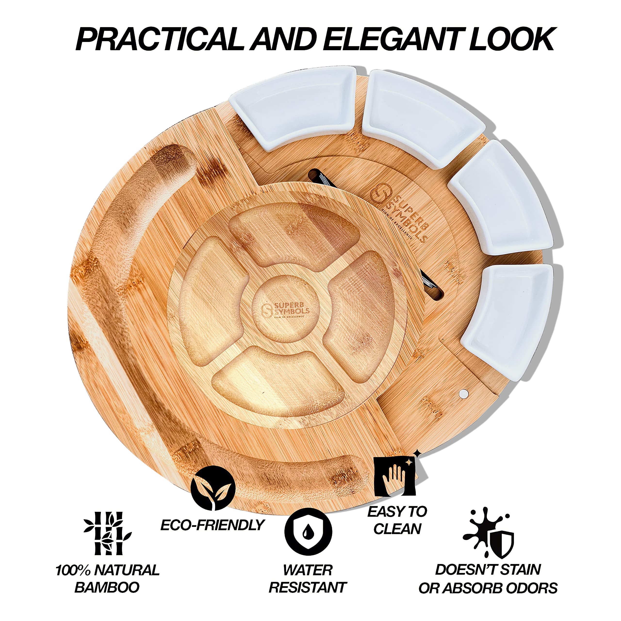 Superb Symbols Bamboo Cheese Board and Knife Set; Round Charcuterie Boards Set With Fruit Plate & Cheese Plater