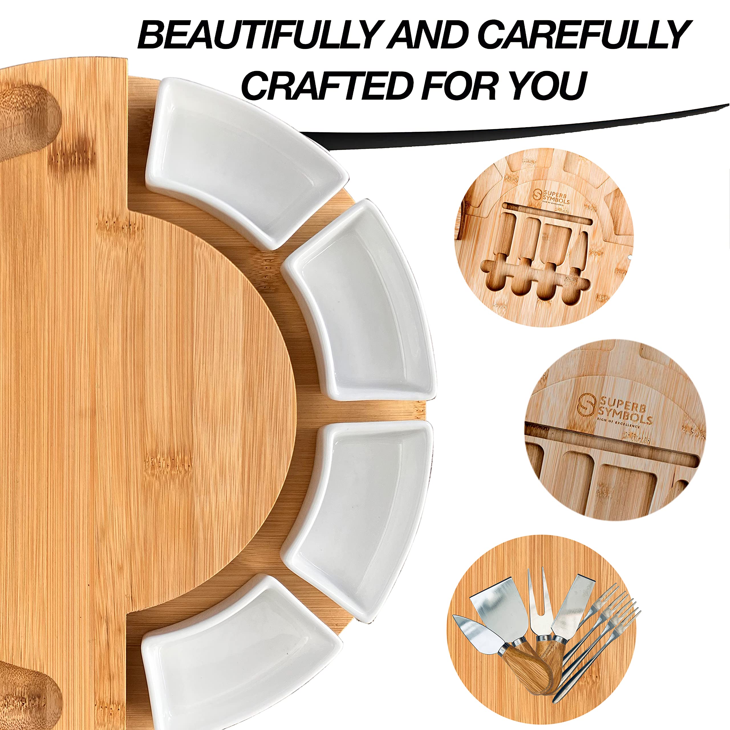 Superb Symbols Bamboo Cheese Board and Knife Set; Round Charcuterie Boards Set With Fruit Plate & Cheese Plater