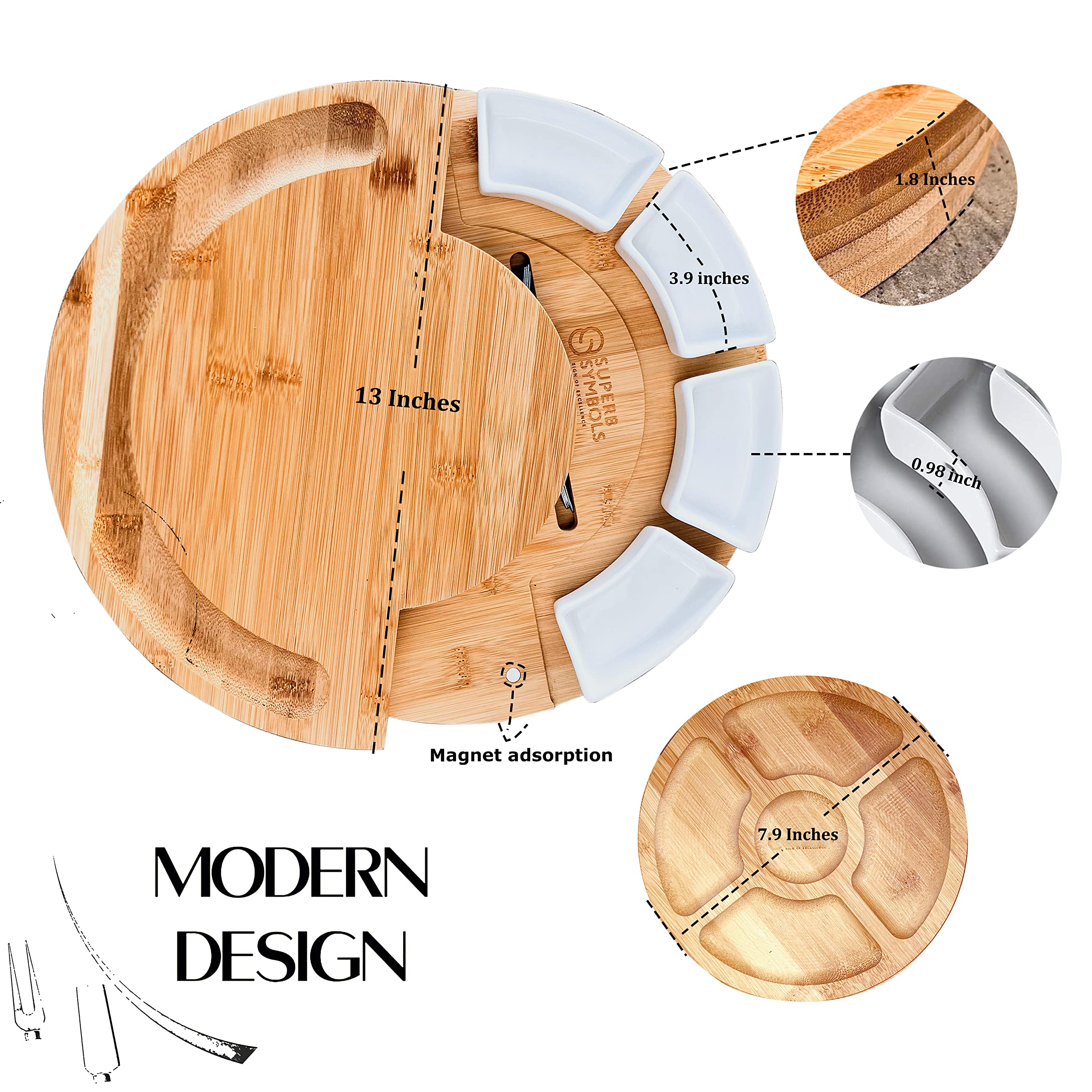 Superb Symbols Bamboo Cheese Board and Knife Set; Round Charcuterie Boards Set With Fruit Plate & Cheese Plater