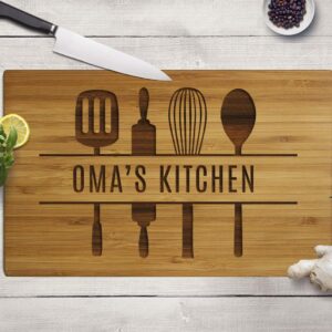 Andaz Press Large Bamboo Wood Cutting Board Gift, 17.75 x 11-inch, Oma's Kitchen, Utensils Graphic, 1-Pack, Laser Engraved Serving Chopping Board Christmas Birthday Chef Kitchen Ideas