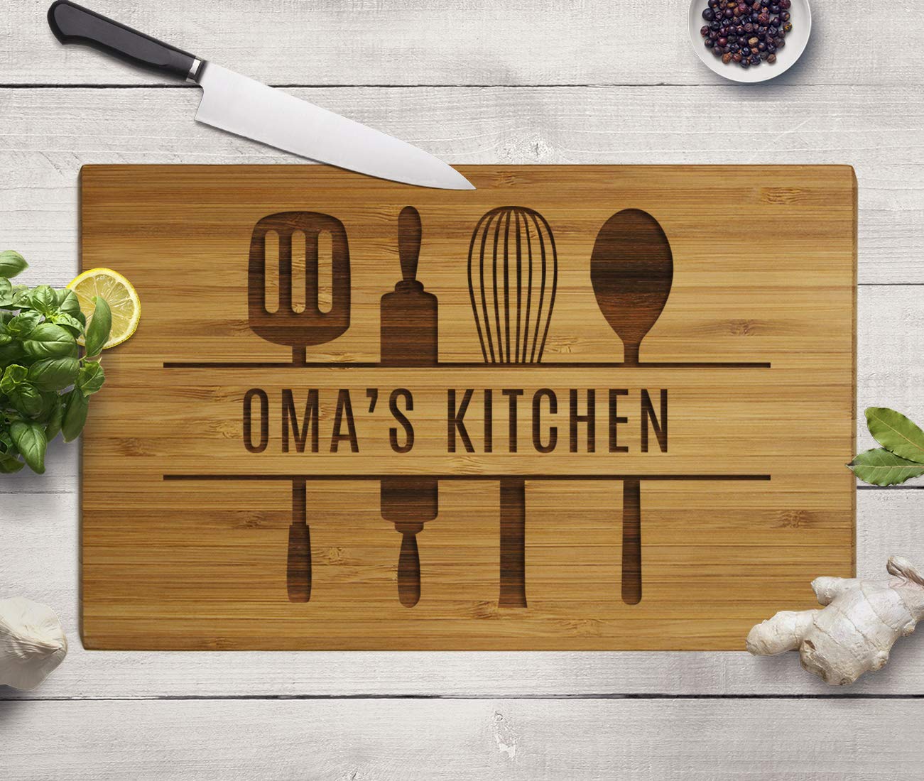 Andaz Press Large Bamboo Wood Cutting Board Gift, 17.75 x 11-inch, Oma's Kitchen, Utensils Graphic, 1-Pack, Laser Engraved Serving Chopping Board Christmas Birthday Chef Kitchen Ideas