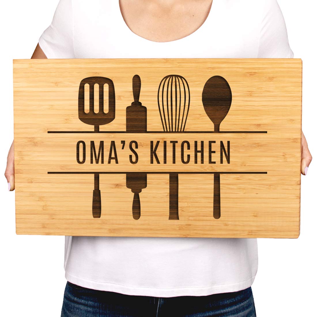 Andaz Press Large Bamboo Wood Cutting Board Gift, 17.75 x 11-inch, Oma's Kitchen, Utensils Graphic, 1-Pack, Laser Engraved Serving Chopping Board Christmas Birthday Chef Kitchen Ideas