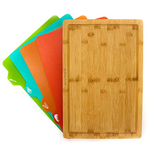 BergHOFF Essentials 5Pc Natural Bamboo Cutting Board Multi-colored Plastic Inserts 16.5" x 11.8" Rectangular Ergonomically Designed Handle