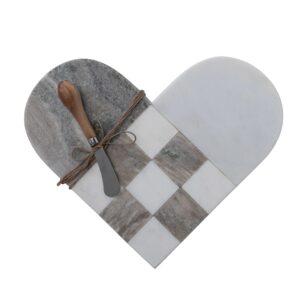 creative co-op marble heart shaped charcuterie canapé knife, white and grey cheese/cutting board, gray