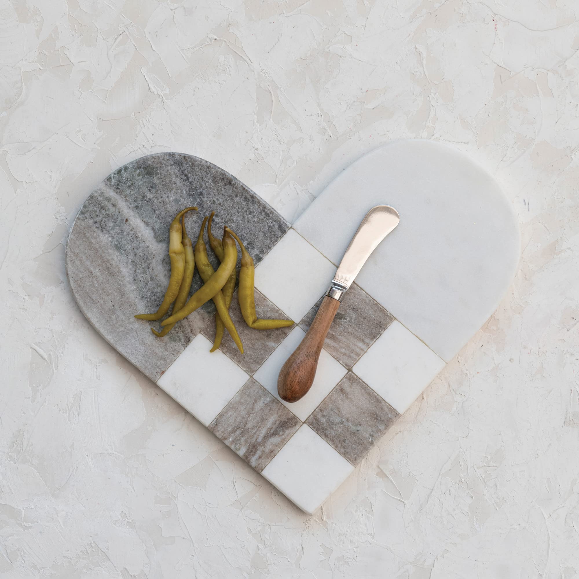 Creative Co-Op Marble Heart Shaped Charcuterie Canapé Knife, White and Grey Cheese/Cutting Board, Gray