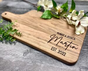 engraved cutting board with handle, newly wed gifts, charcuterie board personalized serving board personalized cheese board engagement gifts