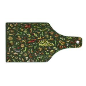 ambesonne hispanic cutting board, latin america lettering doodle with minimal cultural cartoon objects, decorative tempered glass cutting and serving board, wine bottle shape, evergreen and multicolor