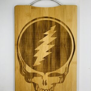 Music Engraved Cutting Boards - Custom Chopping Block with Metal Handle for Kitchen - Bamboo Wood with Laser-Engraved Design - Wedding, Anniversary - 12"x9"x0.67" (Dead Skull Grateful)