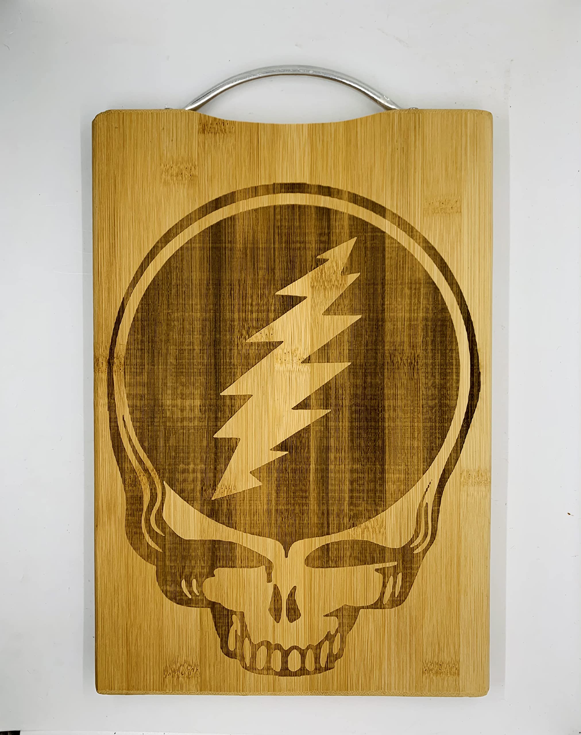 Music Engraved Cutting Boards - Custom Chopping Block with Metal Handle for Kitchen - Bamboo Wood with Laser-Engraved Design - Wedding, Anniversary - 12"x9"x0.67" (Dead Skull Grateful)