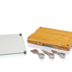 TOSCANA - a Picnic Time brand Concerto Glass Top Cheese and Knife Set - Charcuterie Set - Glass Top Cutting Board, (Bamboo)