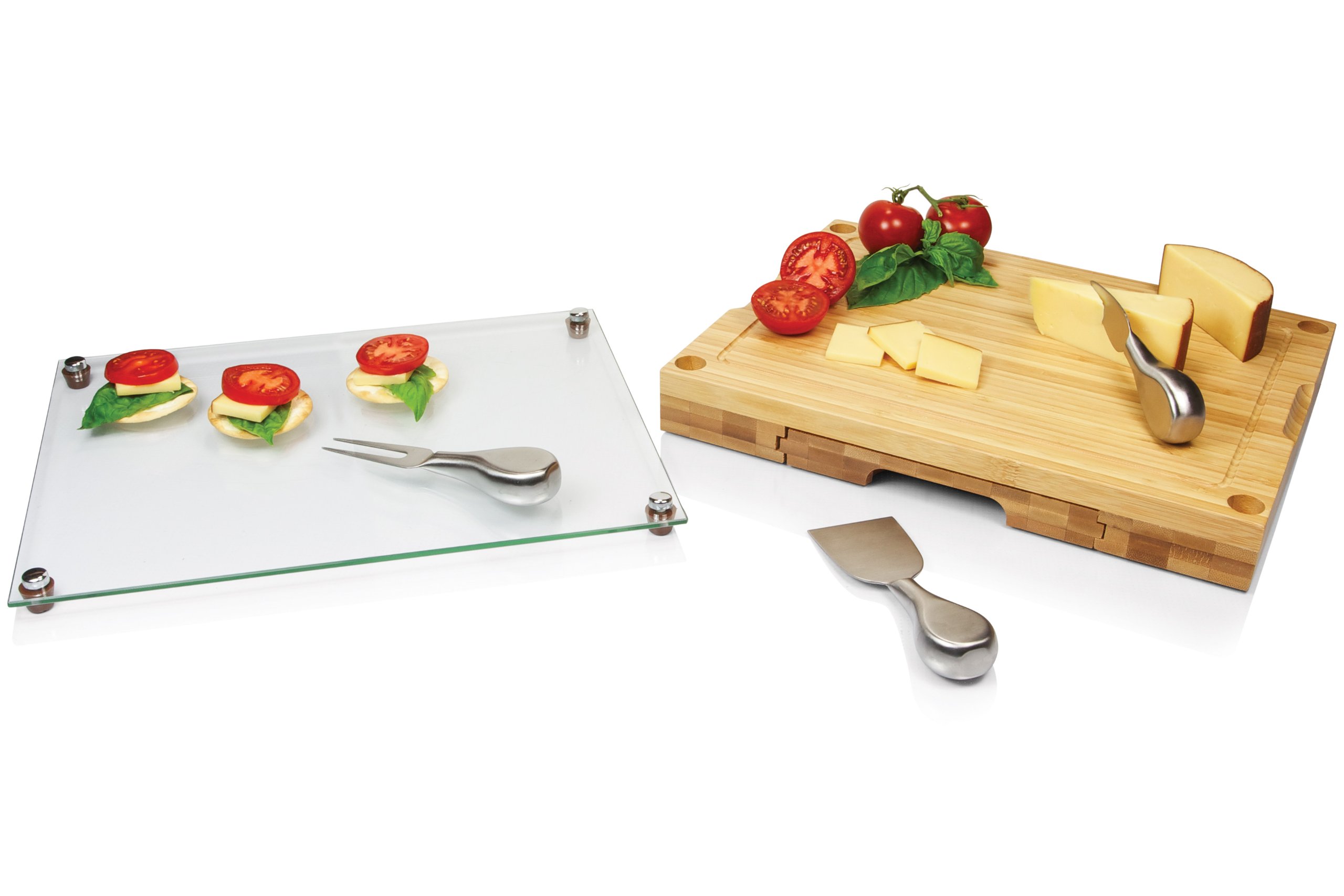 TOSCANA - a Picnic Time brand Concerto Glass Top Cheese and Knife Set - Charcuterie Set - Glass Top Cutting Board, (Bamboo)