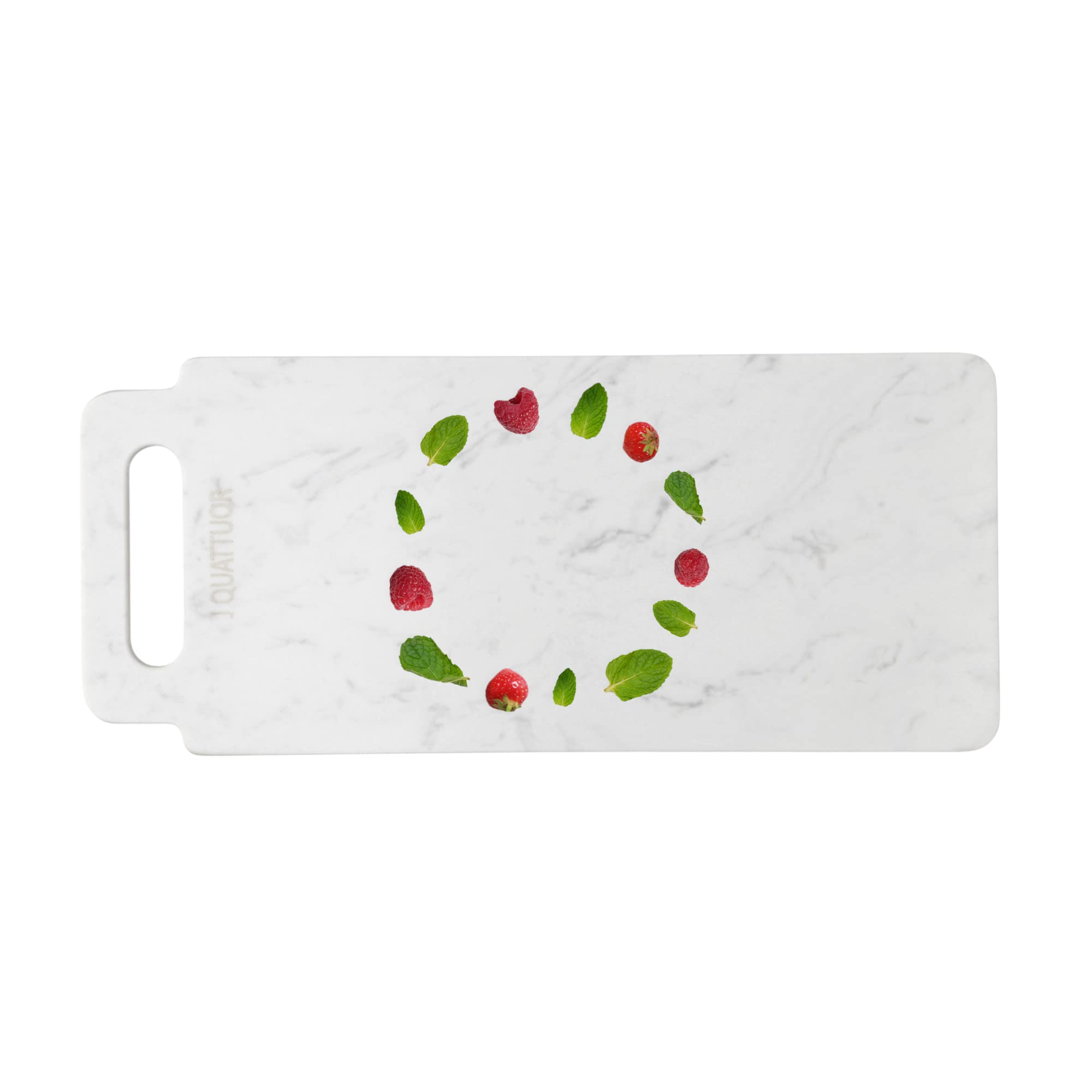 J QUATTUOR Home White Marble Cutting Board, Cheese Board, Serving Tray, Charcuterie Board, Rectangular Shape Fruit Platter with Handle for Cheeses, Meat, Fruits, Appetizers and Sushi