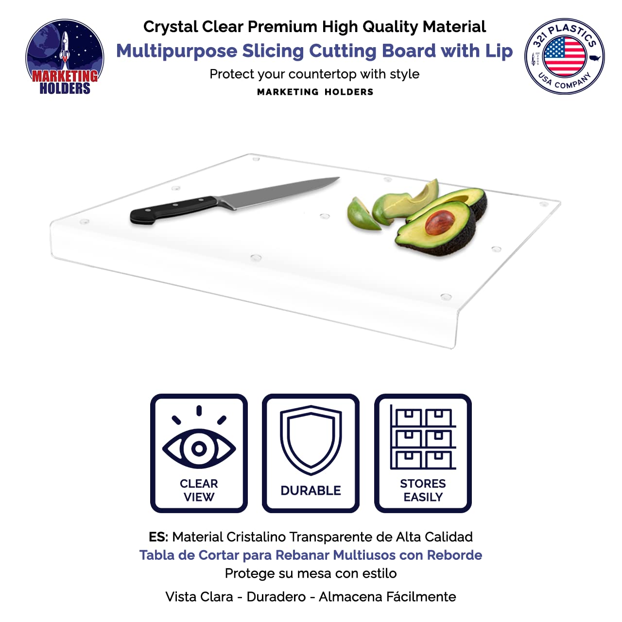 Clear Acrylic Cutting Board 16" x 15" Countertop Charcuterie Chopping Block with Lip and Several Rubber Bumpers by Marketing Holders