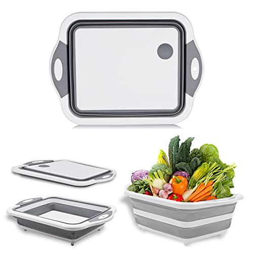 Acelane Collapsible Cutting Board, Foldable Chopping Board with Colander, Multifunctional Vegetable Washing Basket Silicone Dish Tub Storage Basin, for Home Sink Camping Hiking BBQ Picnic RV Travel