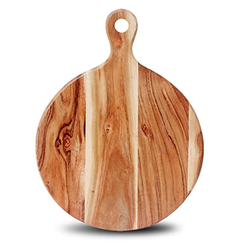 SI DESIGNS Round Reversible Cutting Board for Kitchen, Wooden Decorative Board, Charcuterie Board for Cheese Pizza Bread, First Apartment Kitchen Essentials, New Home Kitchen Accessories (13 x 10")