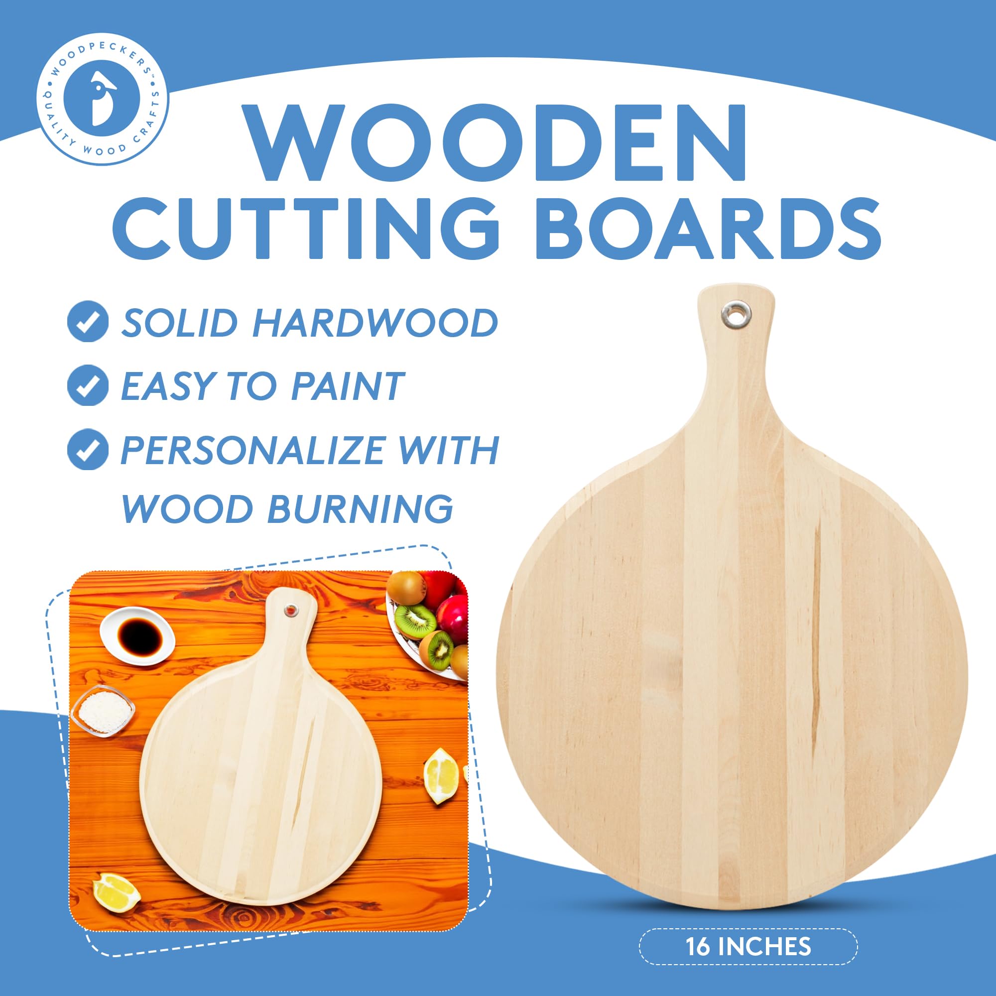 Wooden Cutting Board 16 inch, Pack of 1 Charcuterie Board, Large Round Wooden Cutting Board with Handle, Home Decor, by Woodpeckers