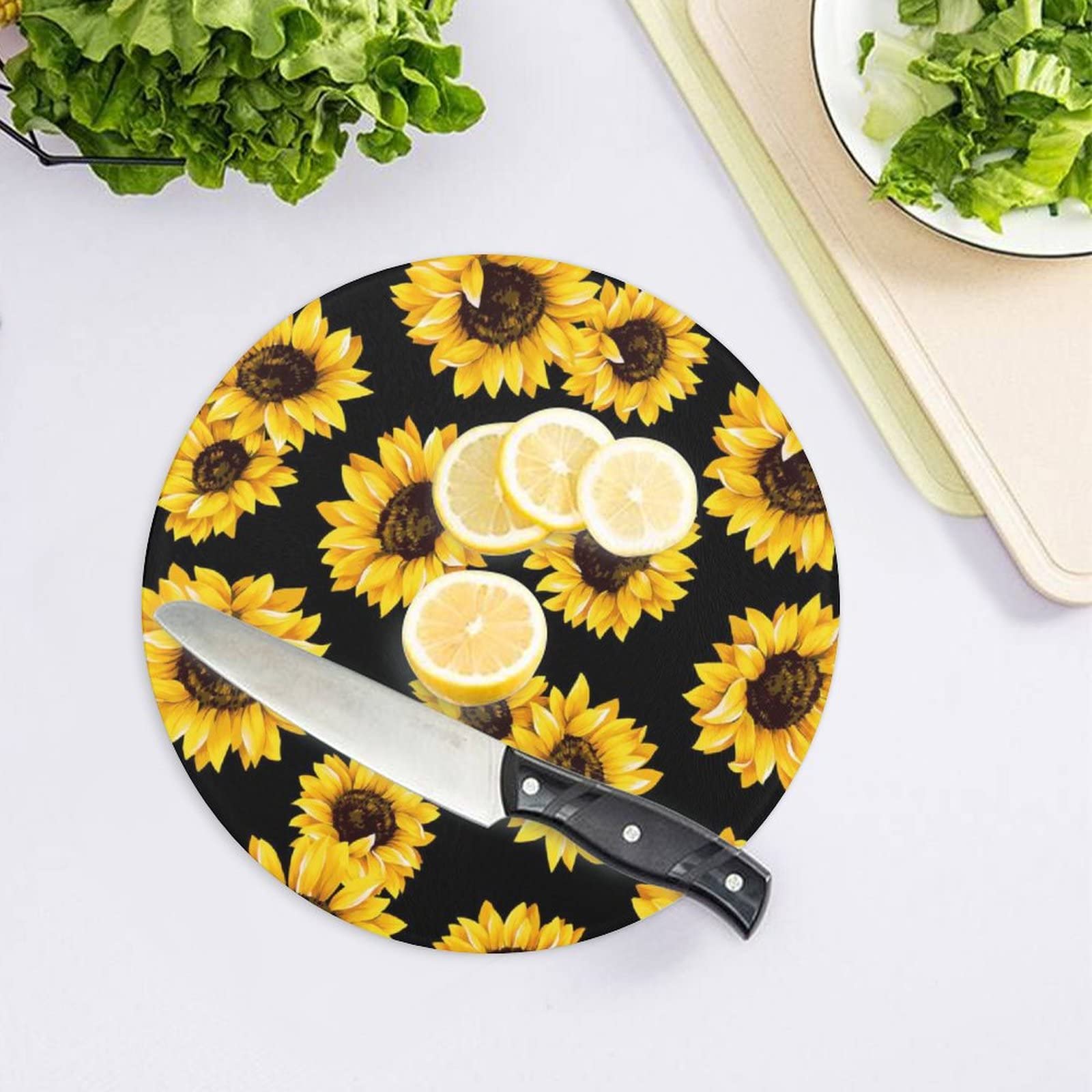 Bagea-Ka Oil Painting Sunflower Flowers Pattern With Black Pattern Tempered Glass Cutting Board 8" Round Kitchen Decorative Chopping Board Small