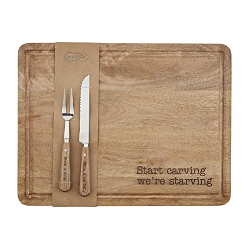 Mud Pie Carving Board Set, board 15" x 19 1/2" | knife 11" | fork 9"