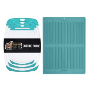 gorilla grip cutting board set of 3 and silicone dish drying mat, both in turquoise color, cutting boards are reversible, slip resistant drying mat is size 16x12, 2 item bundle