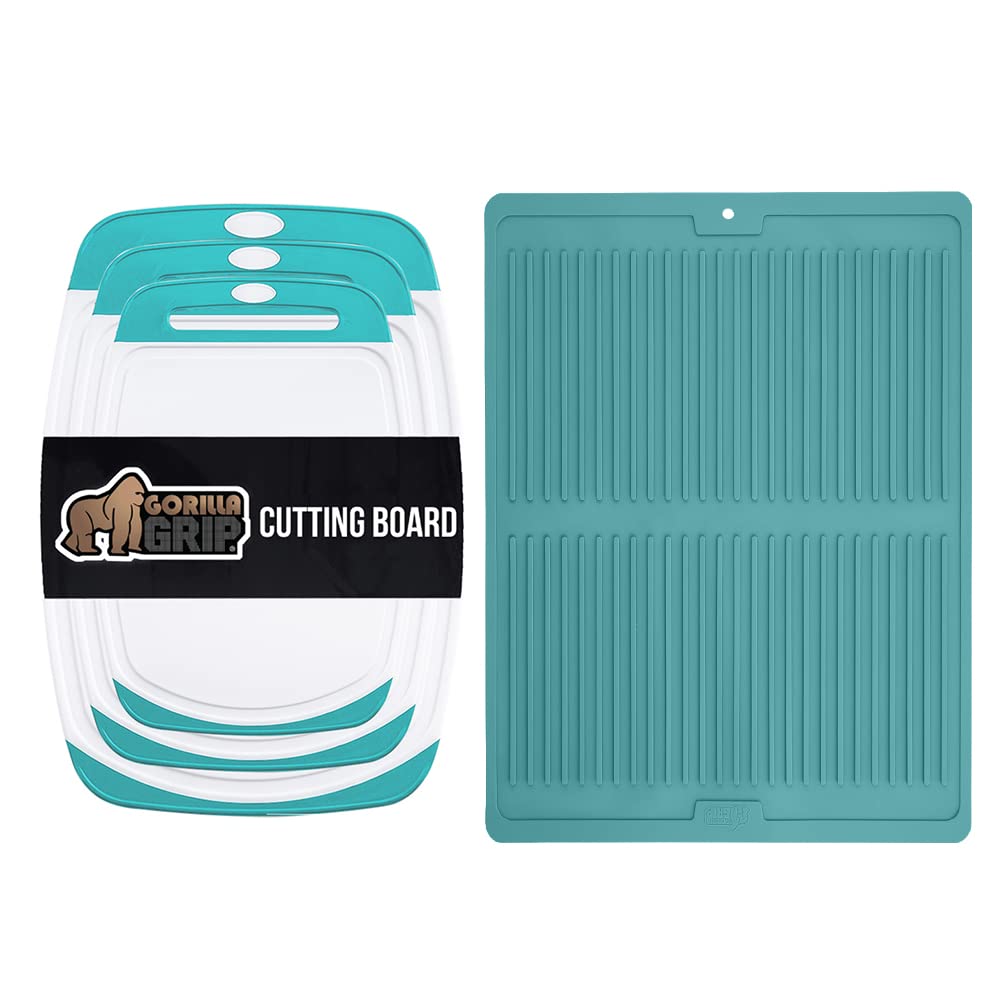 Gorilla Grip Cutting Board Set of 3 and Silicone Dish Drying Mat, Both in Turquoise Color, Cutting Boards are Reversible, Slip Resistant Drying Mat is Size 16x12, 2 Item Bundle