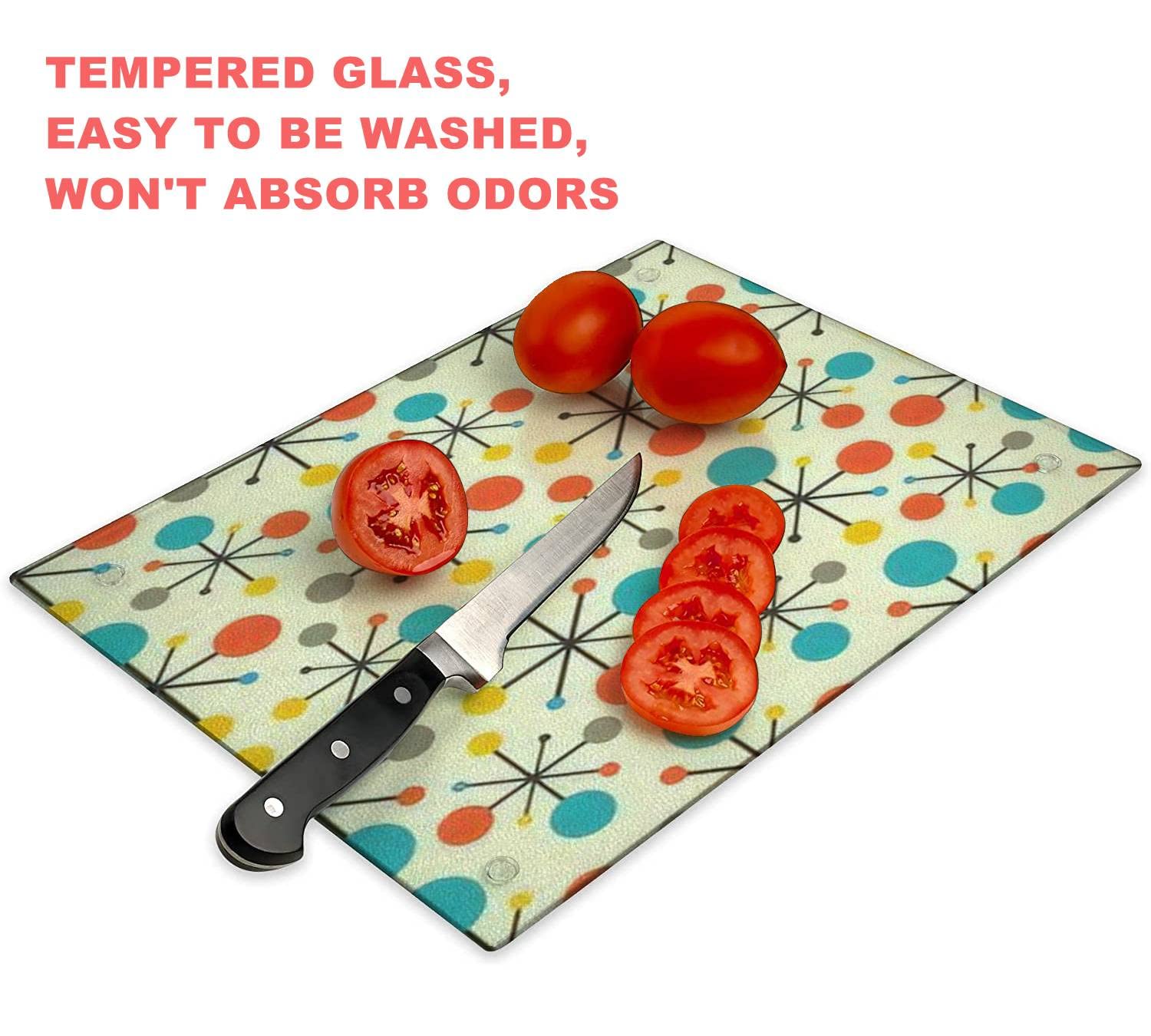 Tempered Glass Cutting Board Mid century fifties modern atomic retro colors seamless Part of Tableware Kitchen Decorative Cutting Board with Non-slip Legs, Serving Board, Large Size, 15" x 11"