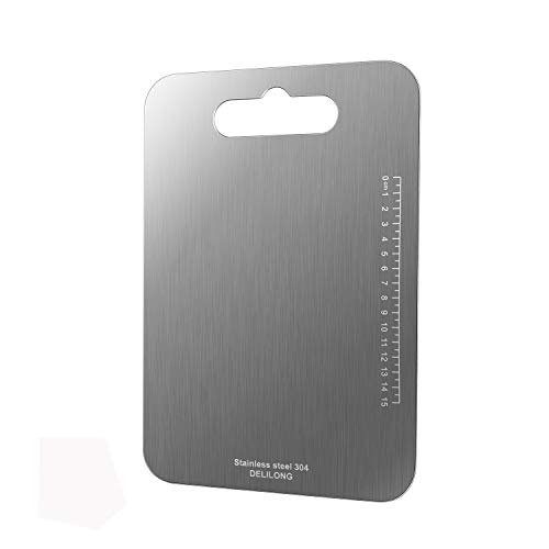 DELILONG This stainless steel cutting board is perfect for cutting cheese, chopping vegetables, and slicing pizza. It's also great for camping trips.