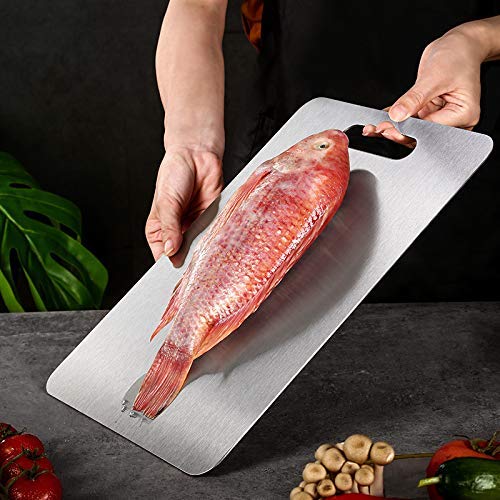 DELILONG This stainless steel cutting board is perfect for cutting cheese, chopping vegetables, and slicing pizza. It's also great for camping trips.