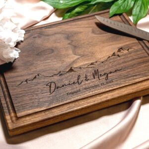 personalized cutting board, custom wedding, anniversary or housewarming gift idea, wood engraved charcuterie, for couples and friends, minimalist mountain design 103