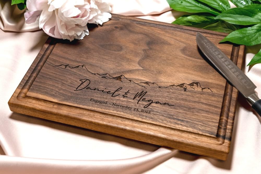 Personalized Cutting Board, Custom Wedding, Anniversary or Housewarming Gift Idea, Wood Engraved Charcuterie, for Couples and Friends, Minimalist Mountain Design 103