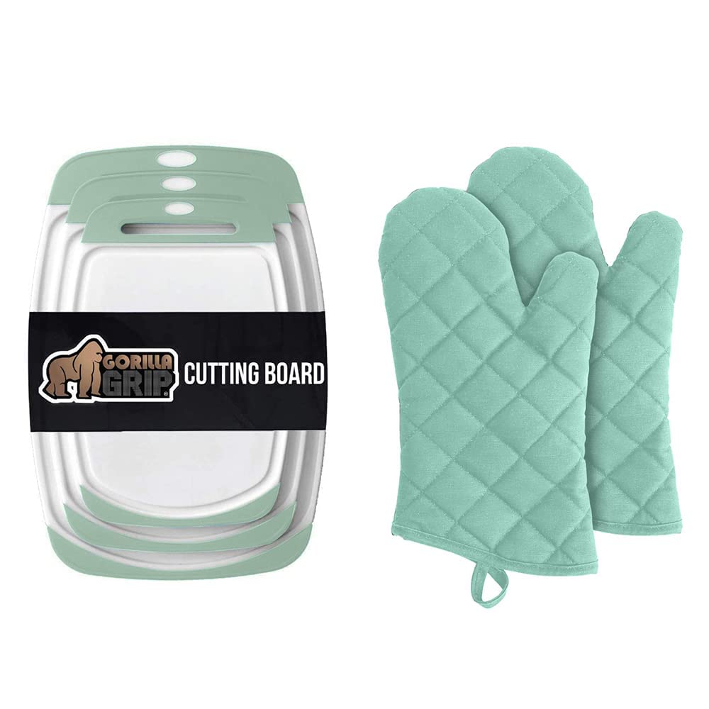 Gorilla Grip Cutting Board Set of 3 and Cotton Oven Mitts Set, Both in Mint Color, Cutting Boards are Reversible, Oven Mitts are 13 Inch Long, 2 Item Bundle