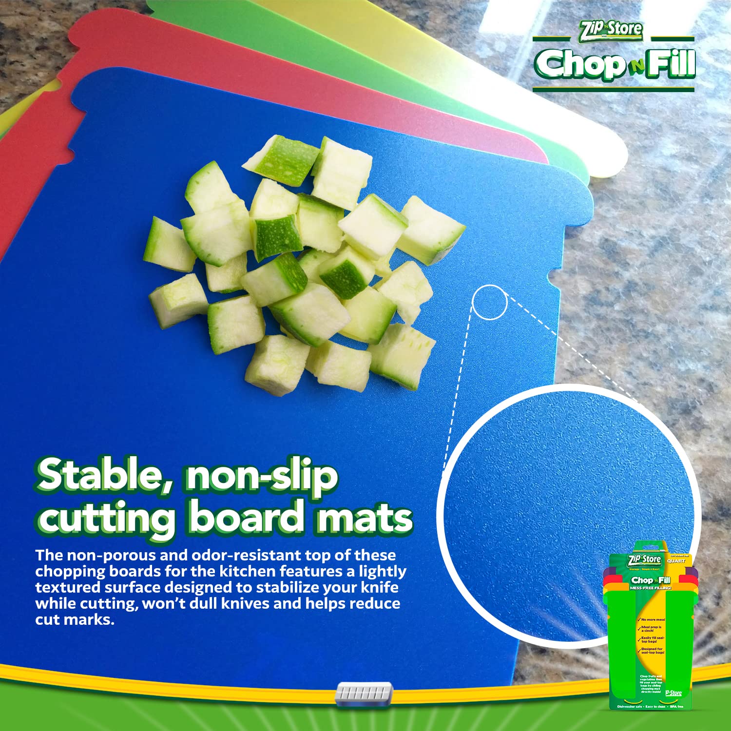 Zip-n-Store - Chop-n-Fill - Flexible Chopping Mats, BPA-Free, Non-Slip, Dishwasher-Safe - Multipurpose Kitchen Cutting Boards - Set of 5