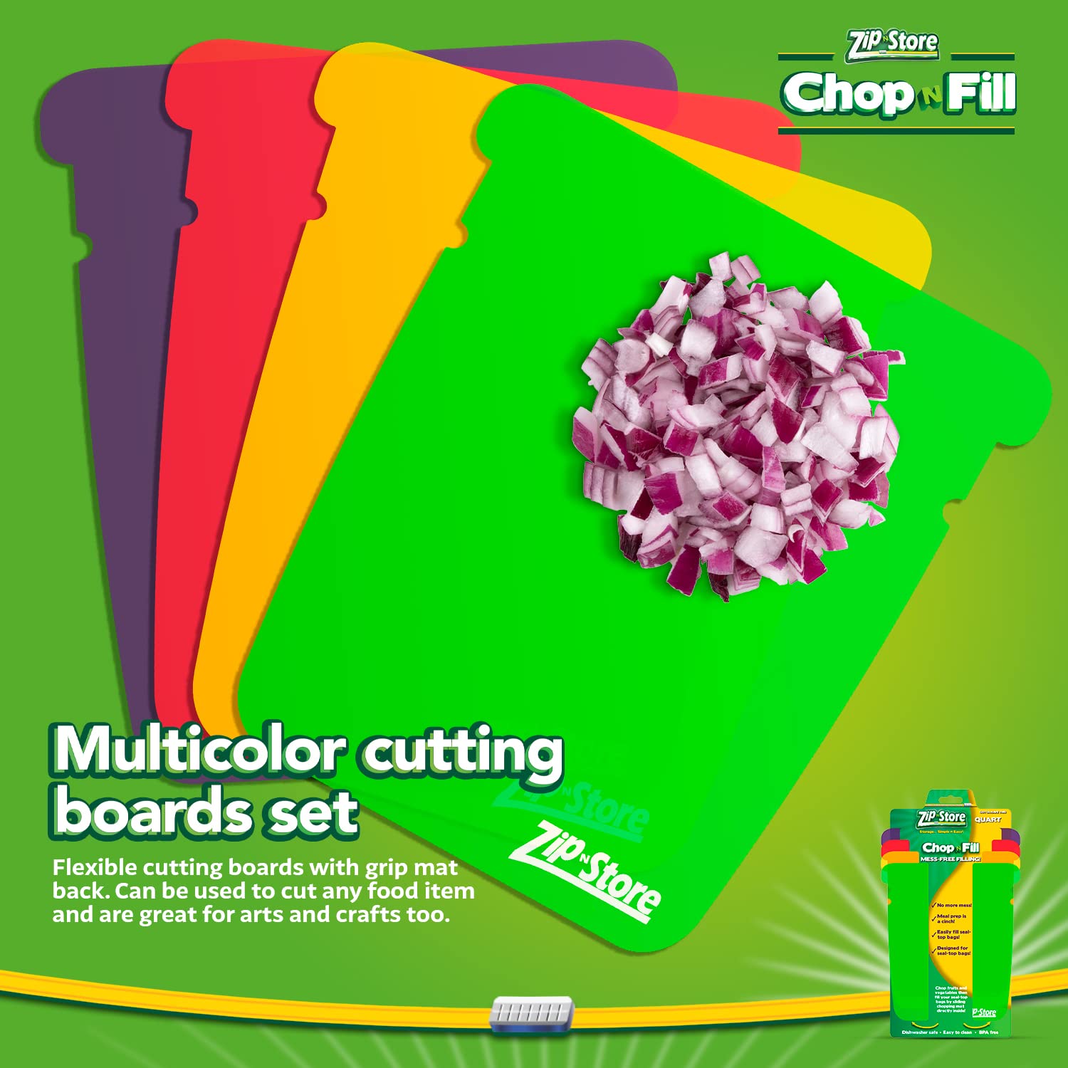 Zip-n-Store - Chop-n-Fill - Flexible Chopping Mats, BPA-Free, Non-Slip, Dishwasher-Safe - Multipurpose Kitchen Cutting Boards - Set of 5