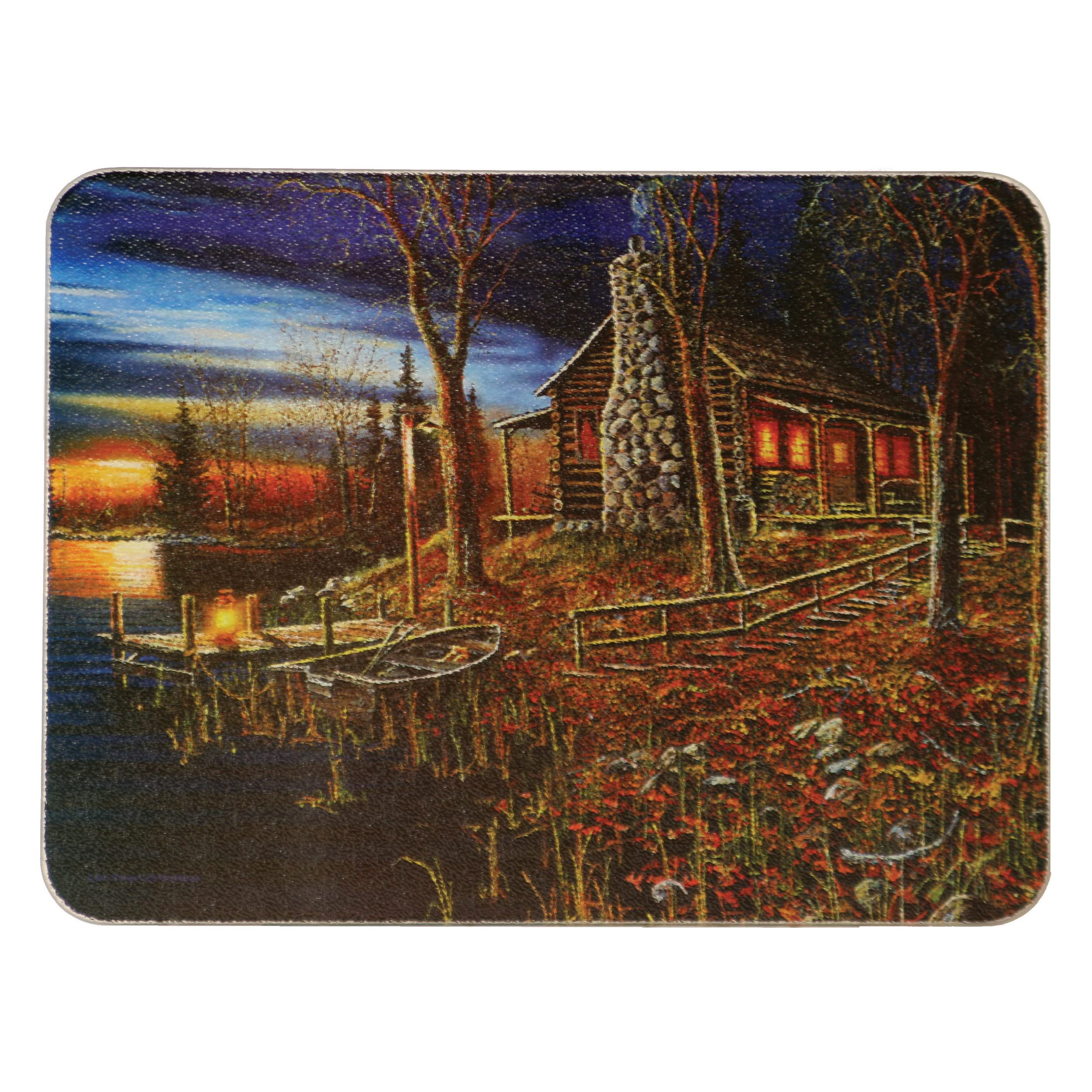 Rivers Edge Products Large 12in x 16in Decorative Tempered Glass Cutting Board, Hypoallergenic, Non Slip, Textured Surface Chopping Board for Kitchen, Cabin in the Woods, Cabin Scene