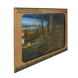 Rivers Edge Products Large 12in x 16in Decorative Tempered Glass Cutting Board, Hypoallergenic, Non Slip, Textured Surface Chopping Board for Kitchen, Cabin in the Woods, Cabin Scene