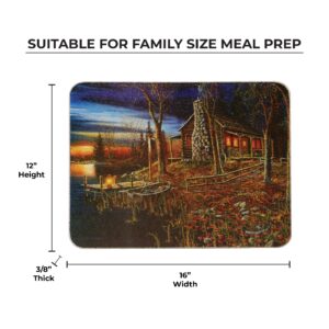 Rivers Edge Products Large 12in x 16in Decorative Tempered Glass Cutting Board, Hypoallergenic, Non Slip, Textured Surface Chopping Board for Kitchen, Cabin in the Woods, Cabin Scene