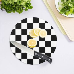 Bagea-Ka Black White Race Checkered Flag Pattern Tempered Glass Cutting Board 8" Round Kitchen Decorative Chopping Board Small