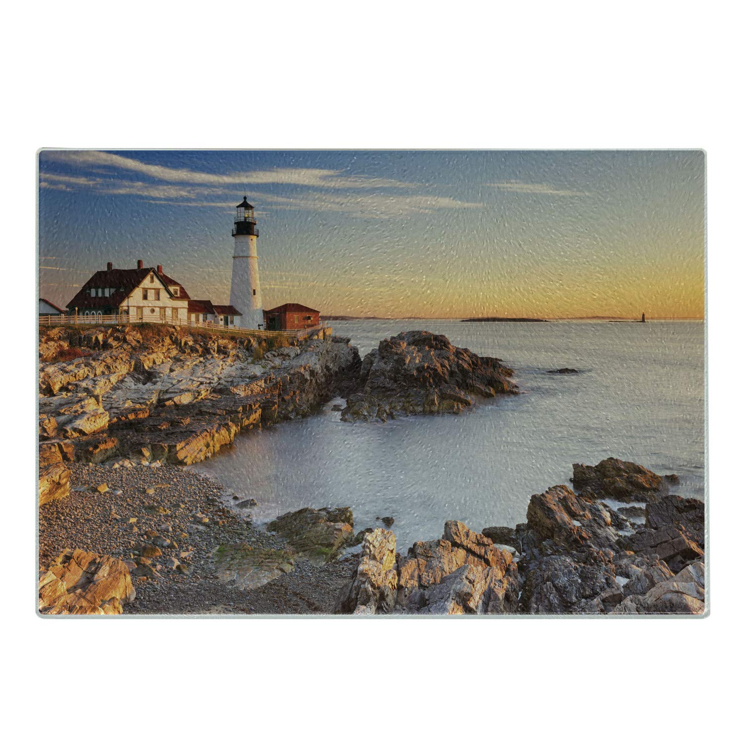 Ambesonne United States Cutting Board, Cape Elizabeth Maine River Portland Lighthouse Sunrise USA Coast Scenery, Decorative Tempered Glass Cutting and Serving Board, Small Size, Blue Tan