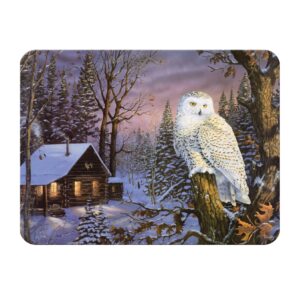 rivers edge products large 12in x 16in decorative tempered glass cutting board, hypoallergenic, non slip, textured surface chopping board for kitchen, cabin in the woods with snowy owl, white owl
