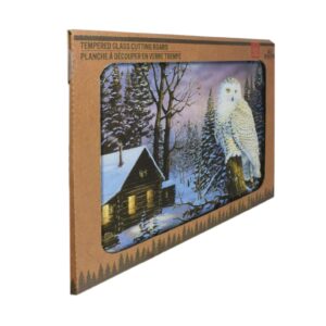 Rivers Edge Products Large 12in x 16in Decorative Tempered Glass Cutting Board, Hypoallergenic, Non Slip, Textured Surface Chopping Board for Kitchen, Cabin in the Woods with Snowy Owl, White Owl