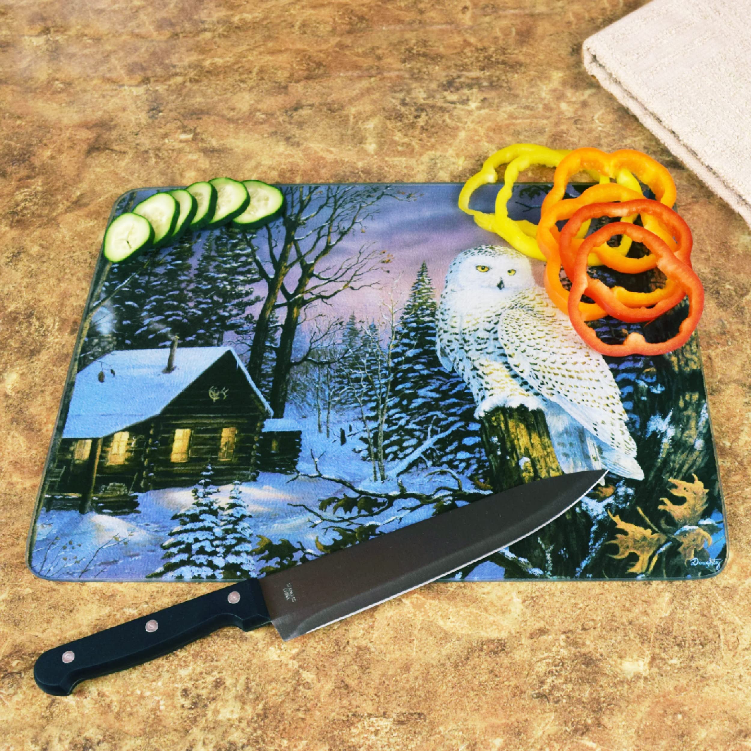 Rivers Edge Products Large 12in x 16in Decorative Tempered Glass Cutting Board, Hypoallergenic, Non Slip, Textured Surface Chopping Board for Kitchen, Cabin in the Woods with Snowy Owl, White Owl