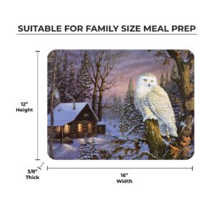 Rivers Edge Products Large 12in x 16in Decorative Tempered Glass Cutting Board, Hypoallergenic, Non Slip, Textured Surface Chopping Board for Kitchen, Cabin in the Woods with Snowy Owl, White Owl