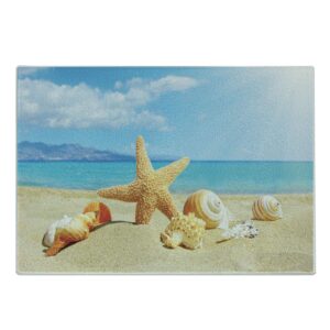 ambesonne seashells cutting board, summer beach theme and sand with rays in the sky clouds seaside marine, decorative tempered glass cutting and serving board, small size, aqua ivory mustard