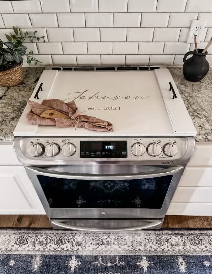 Josephine Thomas Home Personalized Noodle Board Last Name + Est Date in Soft Ivory, Lightly Distressed, Stove Cover