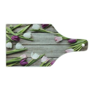 lunarable tulips cutting board, bouquet frame of tulip flowers on wooden surface spring, decorative tempered glass cutting and serving board, wine bottle shape, pale purple pale pink