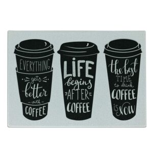 lunarable coffee cutting board, life begins after coffee everything gets better with coffee motivation art, decorative tempered glass cutting and serving board, small size, black and white