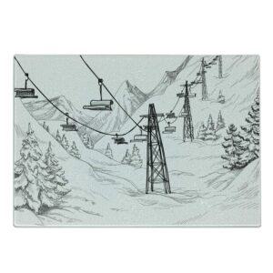 lunarable winter cutting board, ski lift with fir trees monochrome seasonal holiday destination themed sketch, decorative tempered glass cutting and serving board, large size, white black