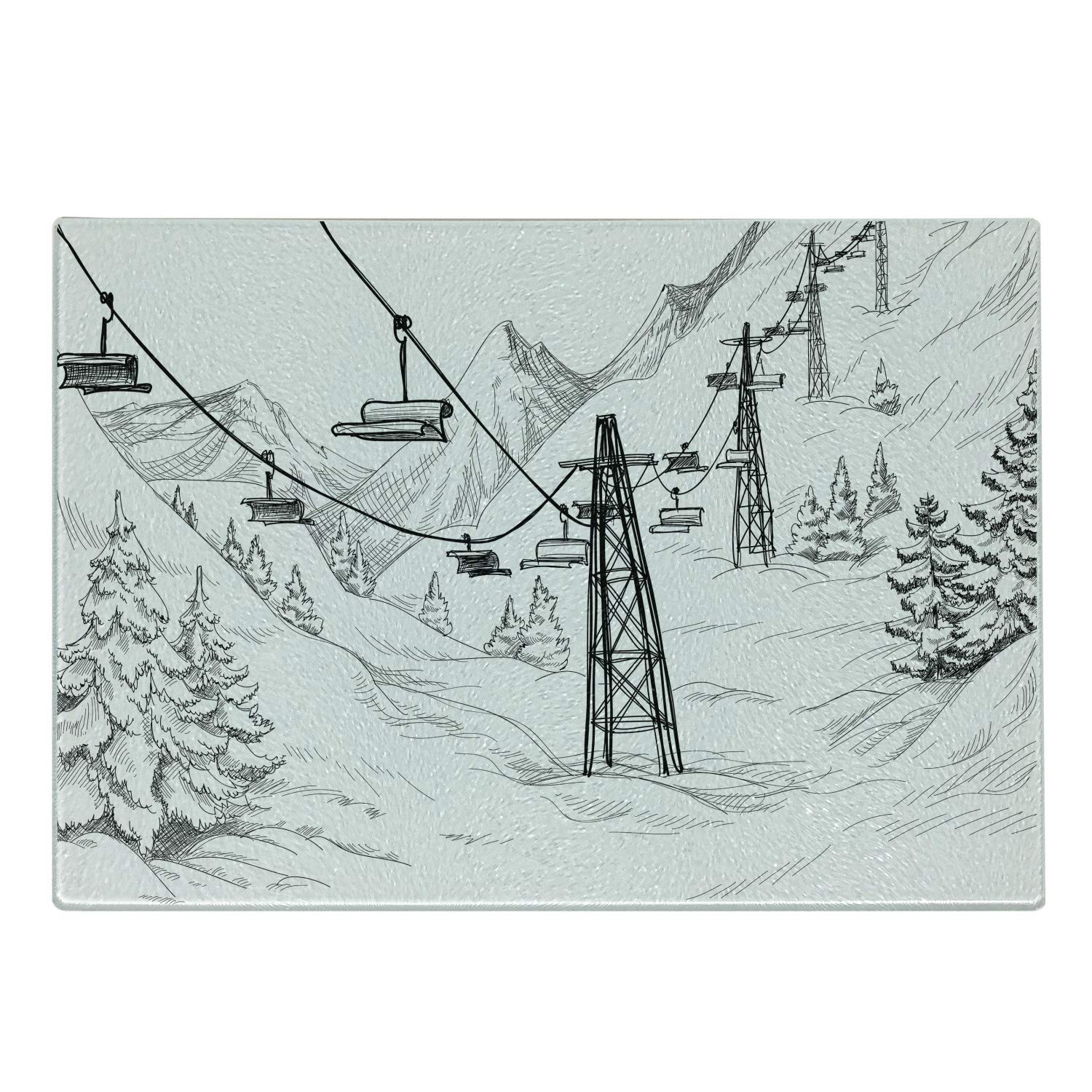 Lunarable Winter Cutting Board, Ski Lift with Fir Trees Monochrome Seasonal Holiday Destination Themed Sketch, Decorative Tempered Glass Cutting and Serving Board, Large Size, White Black