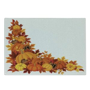 lunarable pumpkin cutting board, autumn leaves and fruits on fall season arrangement pine cone cranberries, decorative tempered glass cutting and serving board, large size, orange yellow