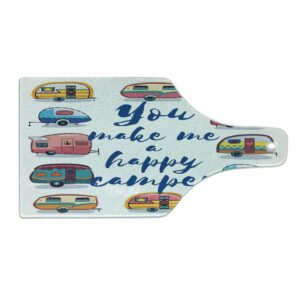 lunarable camper cutting board, you make me happy motivational words caravans retro style travel graphic print, decorative tempered glass cutting and serving board, wine bottle shape, indigo yellow